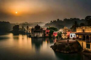 the sun rises over a lake in india. AI-Generated photo