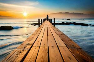 a man standing on a wooden pier looking out over the ocean. AI-Generated photo