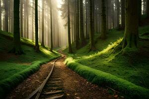 un tren pista en el medio de un bosque. generado por ai foto