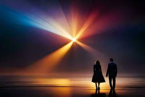 two people standing on the beach with a bright light shining down. AI-Generated photo