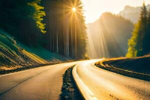 un la carretera con el Dom brillante mediante el arboles generado por ai foto