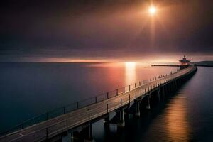 a pier with a lighthouse in the distance at sunset. AI-Generated photo