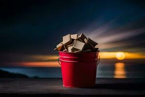 a red bucket filled with wooden blocks on a table. AI-Generated photo