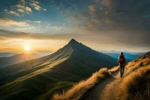 un hombre camina en un camino en el montañas. generado por ai foto