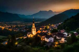 photo wallpaper the sky, mountains, night, village, slovenia, europe, euro. AI-Generated