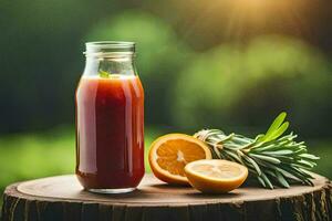 a glass bottle with orange juice and rosemary on a wooden stump. AI-Generated photo