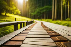 a wooden walkway in the middle of a forest. AI-Generated photo