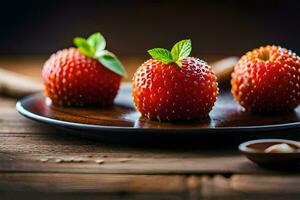 three strawberries on a plate with cinnamon sticks. AI-Generated photo