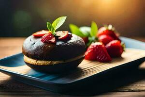 a chocolate cake with strawberries on a blue plate. AI-Generated photo