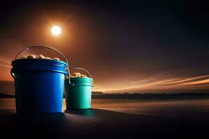 two buckets of peanuts on the beach at night. AI-Generated photo