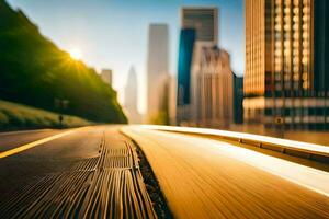 un ciudad calle con un coche conducción en él. generado por ai foto