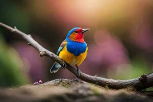 un vistoso pájaro se sienta en un rama en frente de un borroso antecedentes. generado por ai foto