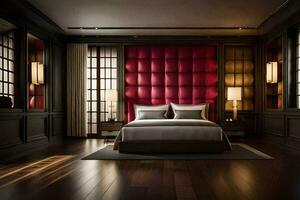 a bedroom with a red headboard and wooden floors. AI-Generated photo