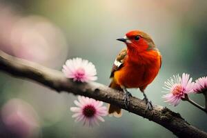 a red bird is sitting on a branch with pink flowers. AI-Generated photo