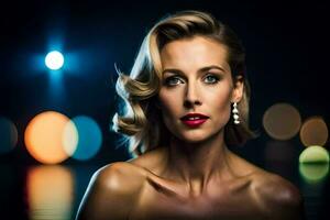 a beautiful blonde woman in a red dress and earrings. AI-Generated photo