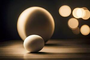 un blanco huevo y un pelota en un mesa. generado por ai foto