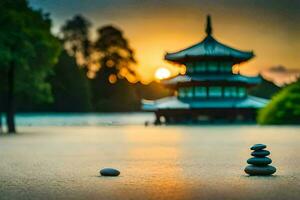 the sun sets behind a pagoda in the background. AI-Generated photo