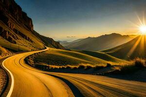 the sun shines on a winding road in the mountains. AI-Generated photo