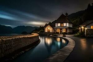 a house sits on the edge of a lake at night. AI-Generated photo