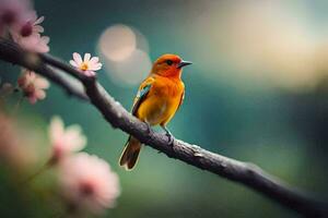 a small orange bird sits on a branch with pink flowers. AI-Generated photo