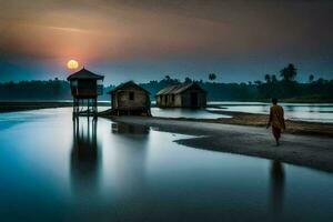 a man walking along the shore of a river with a house in the background. AI-Generated photo