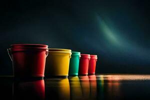 colorful buckets on a dark background. AI-Generated photo