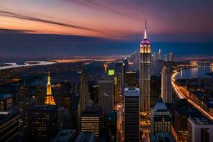 the empire state building is lit up at sunset. AI-Generated photo