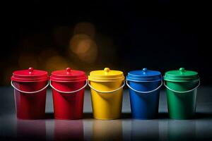 a row of colorful plastic buckets. AI-Generated photo