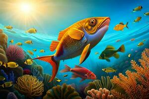 fish swimming in the ocean with coral reefs and fish. AI-Generated photo