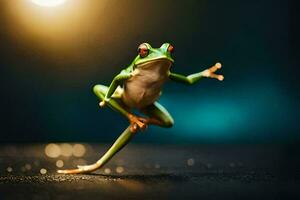 a frog is jumping on a black background. AI-Generated photo