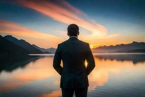 a man in a suit stands in front of a lake at sunset. AI-Generated photo