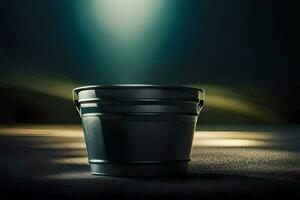 a black bucket sitting on a dark surface. AI-Generated photo