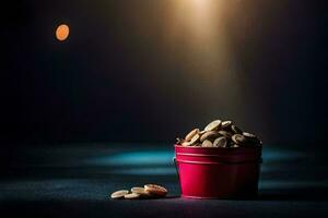 a red bucket filled with nuts on a dark table. AI-Generated photo