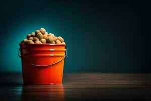 a bucket filled with peanuts on a table. AI-Generated photo