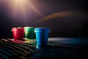 three colorful cups sit on a table in front of a bright light. AI-Generated photo