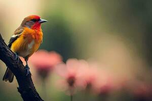 a small orange bird is perched on a branch. AI-Generated photo