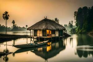 a hut sits on the water at sunset. AI-Generated photo
