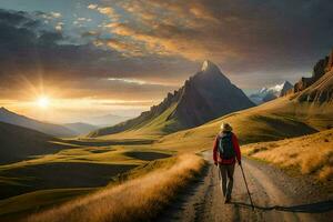 un persona caminando en un suciedad la carretera en el montañas. generado por ai foto