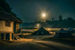 a night shot of tents in the middle of a field. AI-Generated photo