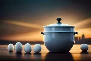 eggs and a pot on a table with a sunset in the background. AI-Generated photo