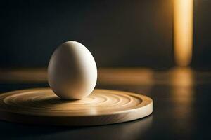 an egg on a wooden stand. AI-Generated photo