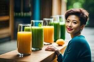 un mujer sentado en frente de un mesa con varios diferente jugos generado por ai foto