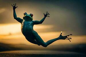 a frog jumping in the air with its legs spread. AI-Generated photo