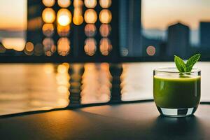 un vaso de verde jugo en un mesa en frente de un ciudad horizonte. generado por ai foto