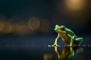 a frog sitting on the ground with a blurry background. AI-Generated photo