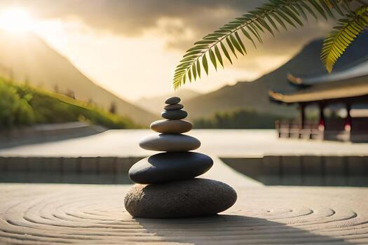 a stack of stones in front of a palm tree. AI-Generated photo