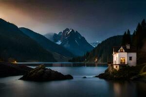 photo wallpaper the sky, mountains, lake, house, the house, the lake, the mountains. AI-Generated