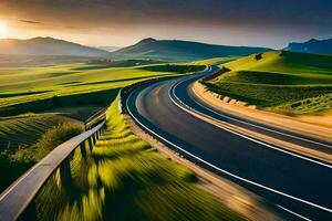 un largo la carretera con un puesta de sol en el antecedentes. generado por ai foto