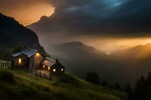 foto fondo de pantalla el cielo, montañas, nubes, el sol, el montañas, el casa, el. generado por ai