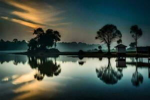 un lago con arboles y un casa en el antecedentes. generado por ai foto